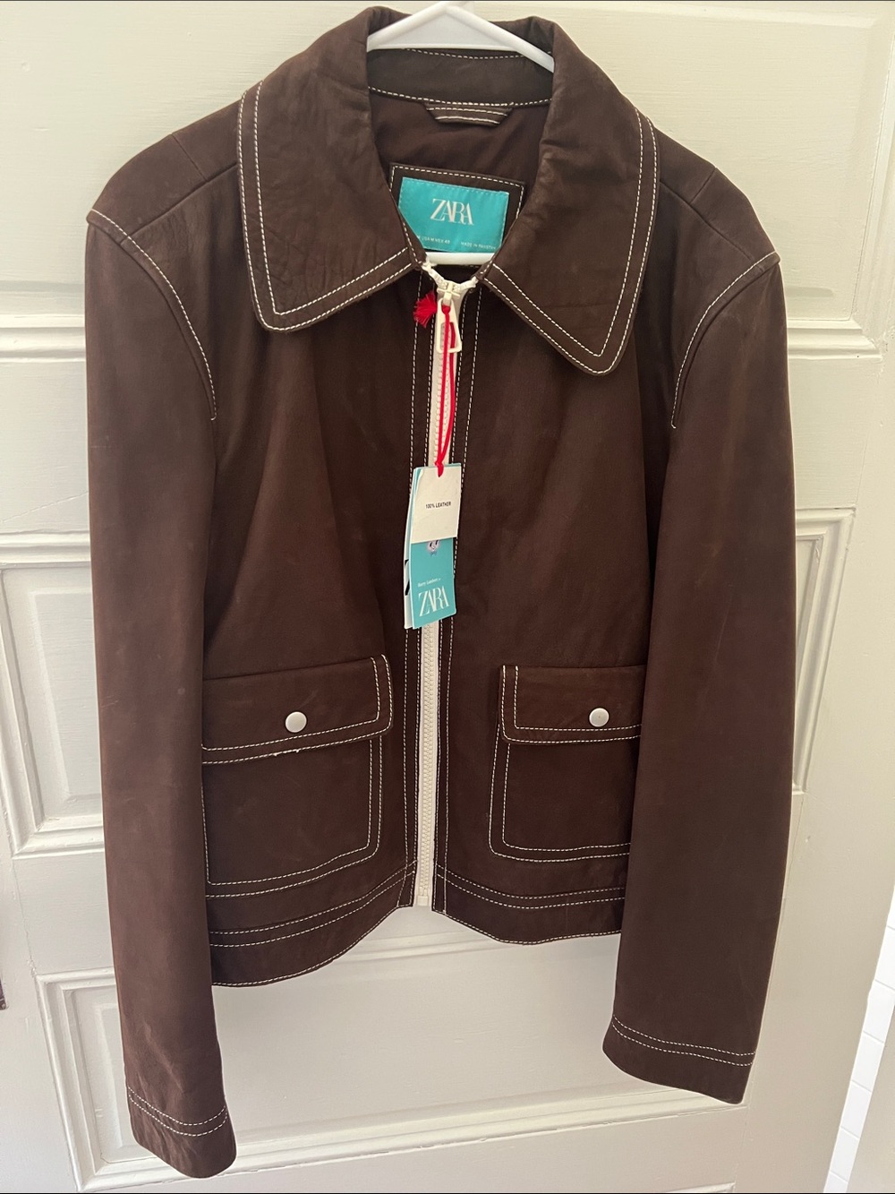 Zara Brown Leather Jacket with Contrast Stitching
